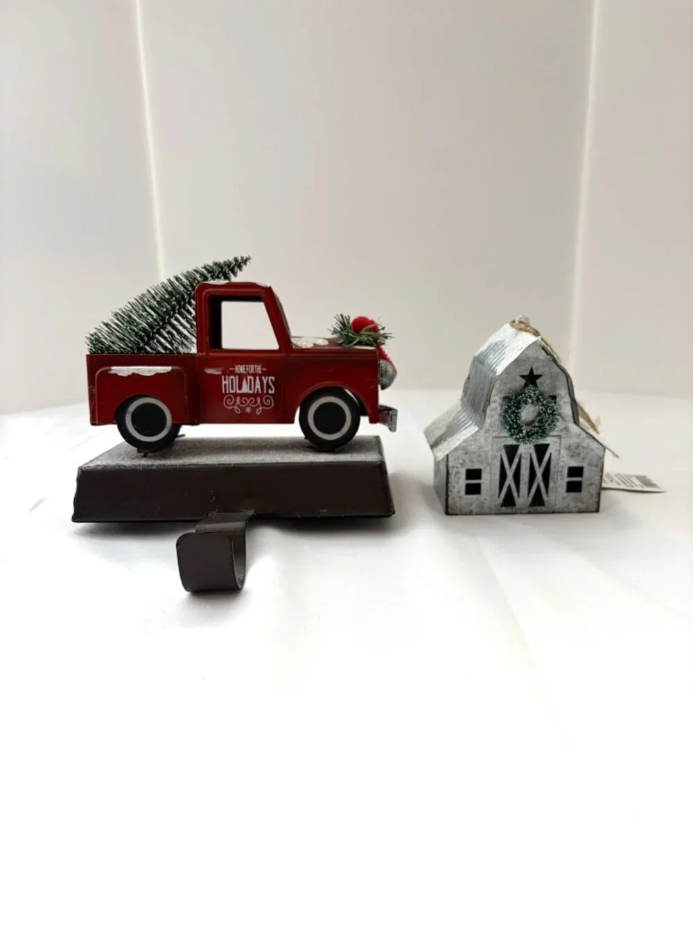 Rustic Christmas Red Truck Stocking Holder & Barn Ornament Farmhouse Holiday